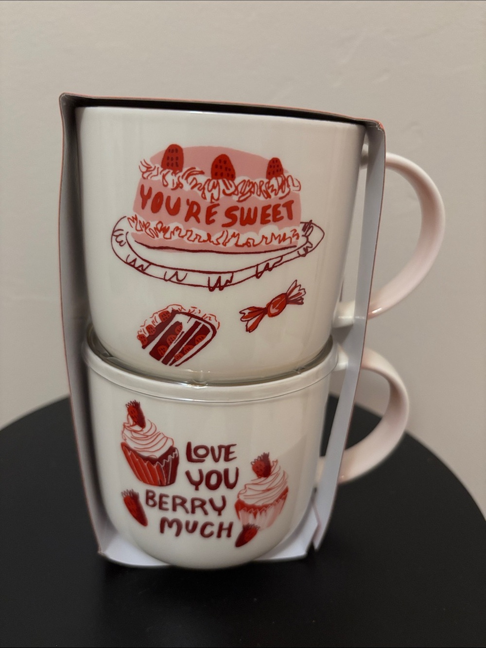 You're Sweet / Love You Berry Much Stackable Ceramic Mug Set - Pink and Red